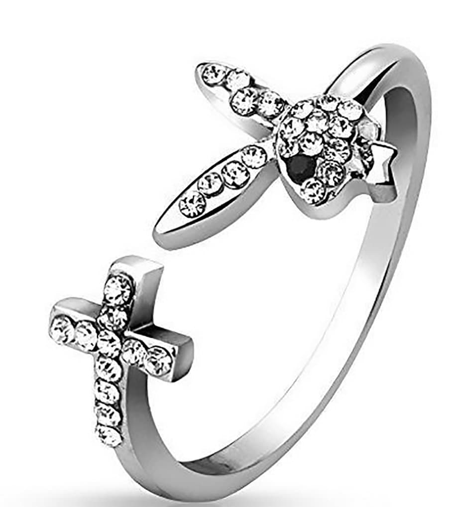 JKL RingMulti Paved Gems Bunny with Black Gem Eye and Cross Adjustable Ring