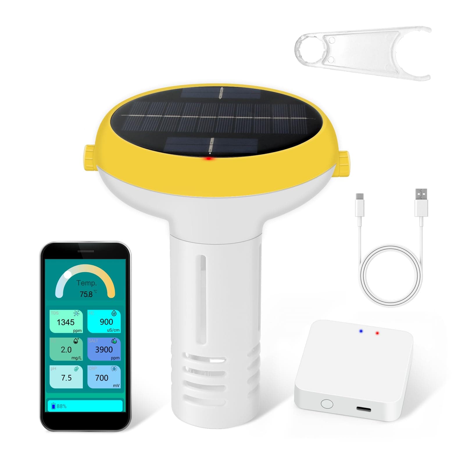 Smart Pool Chlorine Tester with Gateway, WiFi pH and Pool Salt Tester for Swimming Pool, 7 in 1 Chlorine Salinity ORP Monitor for Aquarium Sodium Chloride Swimming Pools Hot Tub Spas