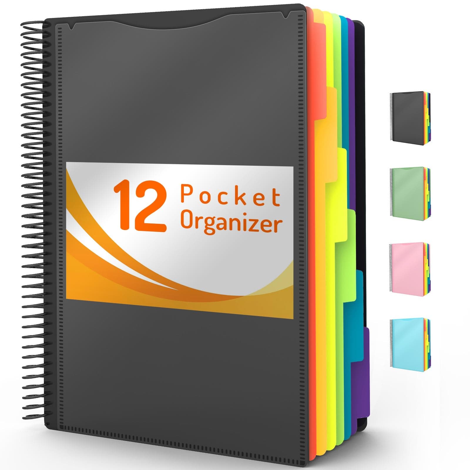 12 Pocket Project Organizer, Forvencer 1/6-cut Tab Binder Organizer with Sticky Labels, Multi Pocket Folder with Zipper Pouch, Folder Binder Spiral Pocket Notebook, Office Supplies, Letter Size, Black