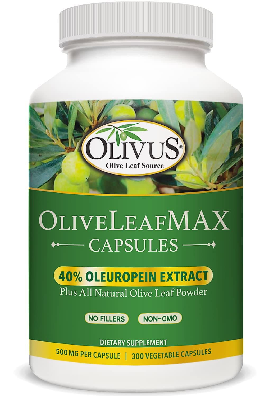 OliveLeafMAX Olive Leaf Extract (40% Oleuroepin) + Organic Olive Leaf Powder + No Fillers + 300 Vegetarian Capsules + Sourced from Spain and Manufactured in USA at GMP Facility