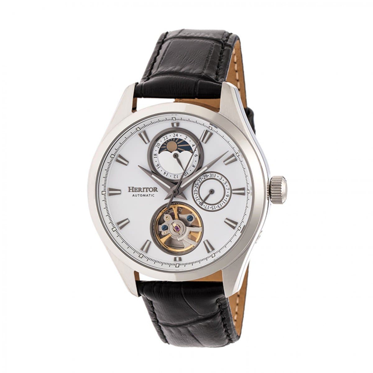 HERITOR Automatic Sebastian Semi-Skeleton Leather-Band Watch - Silver