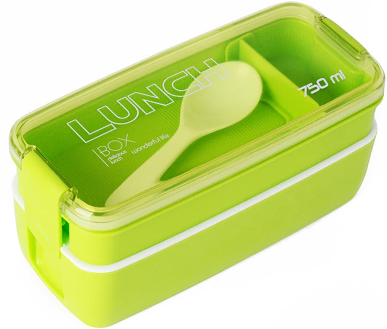 MACDIAZ MD Lunch Bento Box Portable Plastic Food Storage Container 2 Tier Rectangle For Kids Adult (Green-Transparent lids)