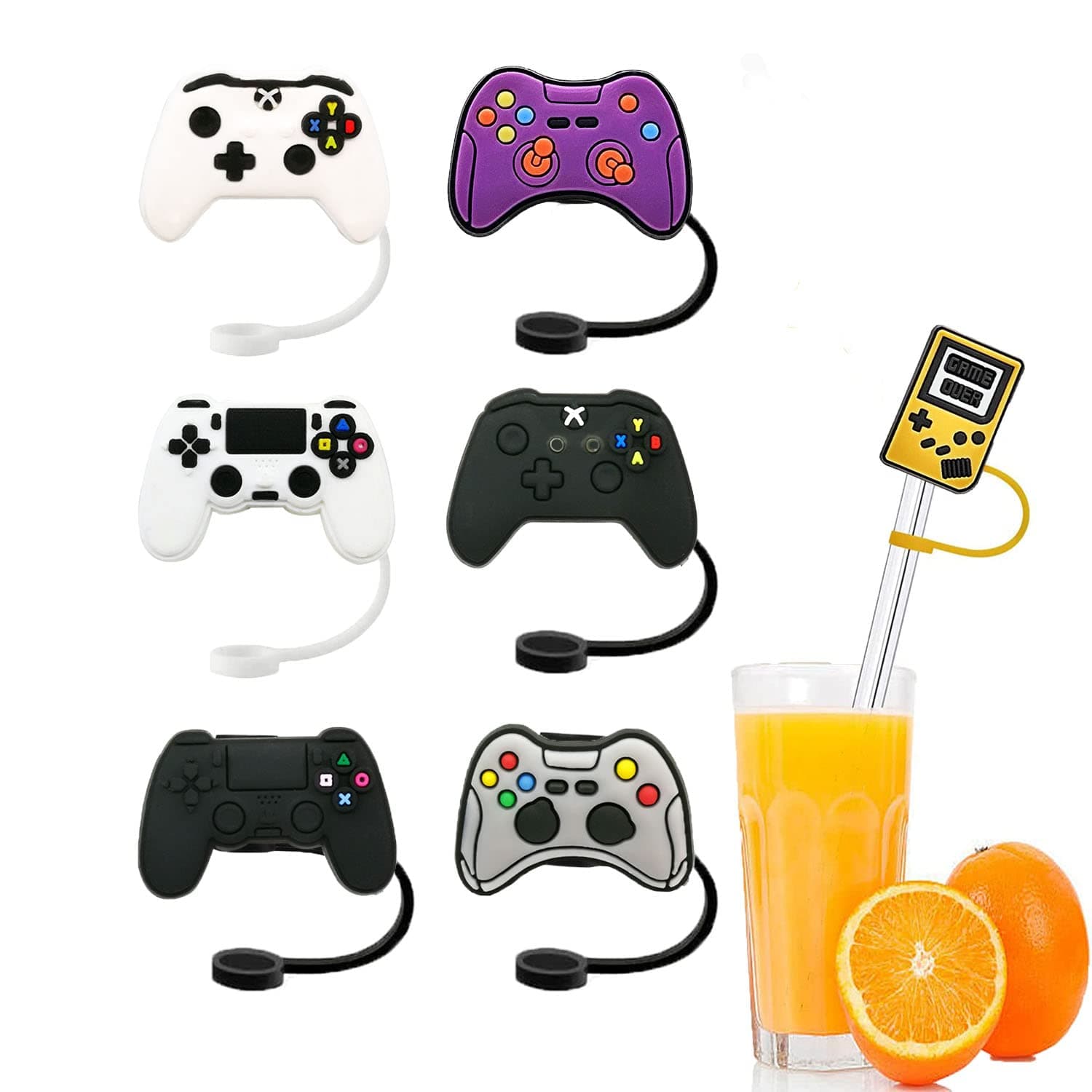 Silicone Video Game Straw Cover - 7 Pack Cute Reusable Drinking Straws Caps Lids Dust-Proof Straw Protector Plugs Covers for 6 to 8 mm Tumbler Straws Tips Toppers Home Kitchen Party Décor Accessories