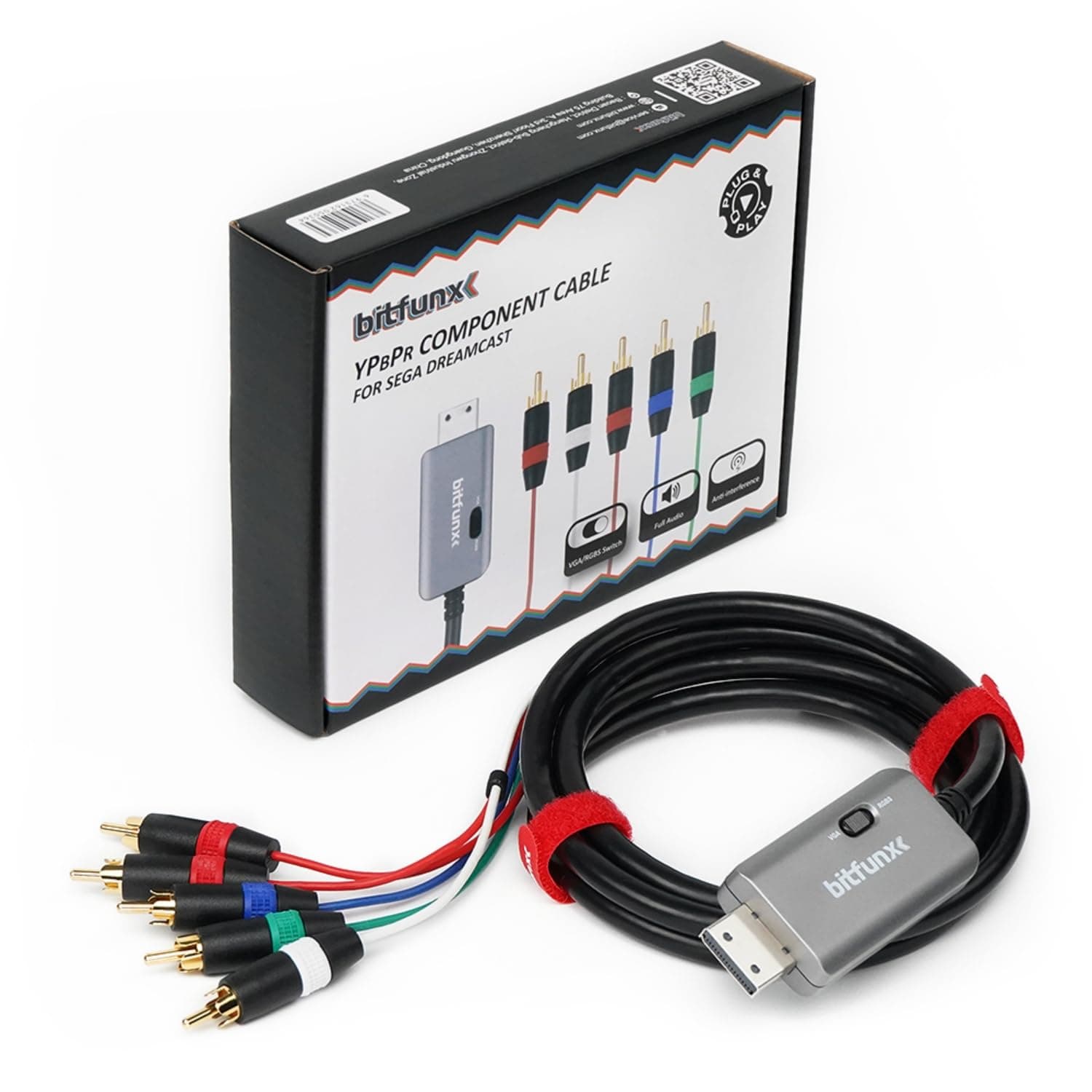 BITFUNX Dreamcast Component Cable Adapter - Supports RGBS/VGA to Component Video (3RCA) and Audio Cable (2RCA), Plug & Play Video Game Adapter with No Lag, for SEGA Dreamcast Console (6 ft)