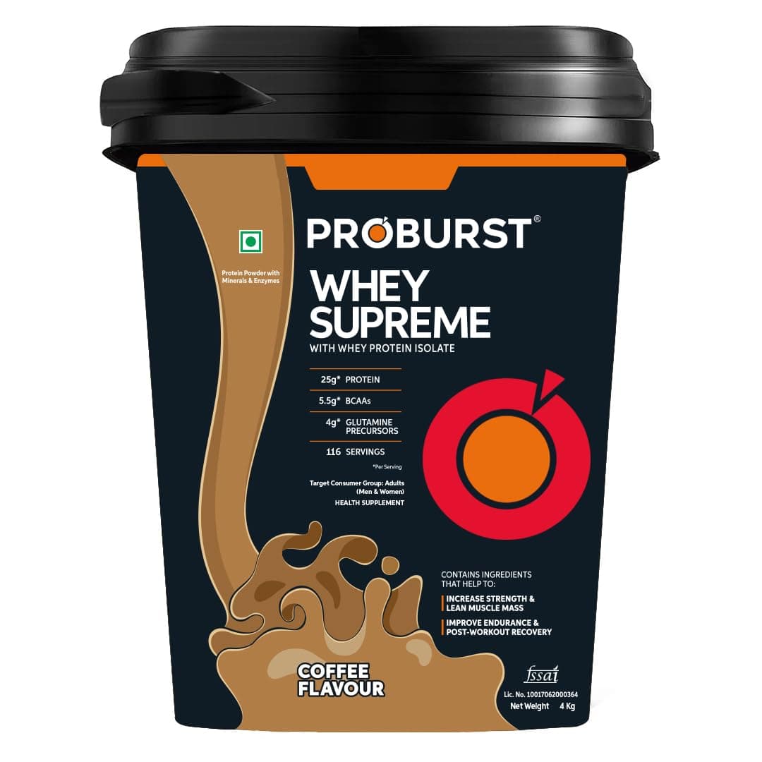 Whey Supreme Whey Protein Isolate Powder With 25g Protein, 4g Glutamine & 5.5g BCAAs, Coffee, 4 kg Bucket
