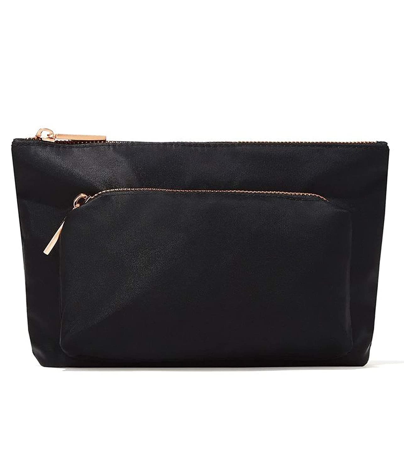 Jillian Dempsey Makeup Bag: Medium Sized Everyday Cosmetic Organizer with 2-Pockets and an Easy to Clean Nylon Material I Black with Rose Gold