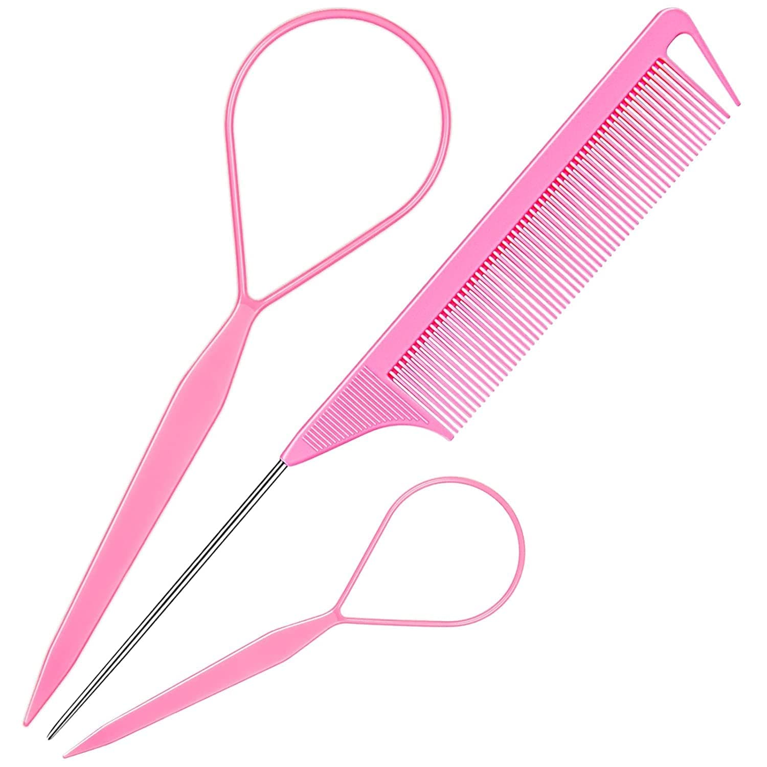 Topsy Tail Hair Tool, MORGLES French Braid Loop Tool with Rat Tail Comb, Pink