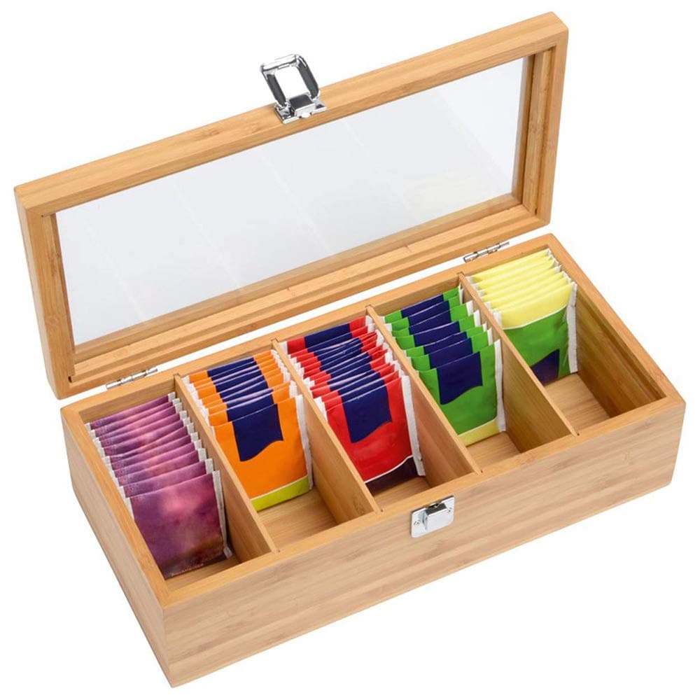 Winbang Tea Bag Box, Bamboo Tea Box Organizer Case with Compartments Design