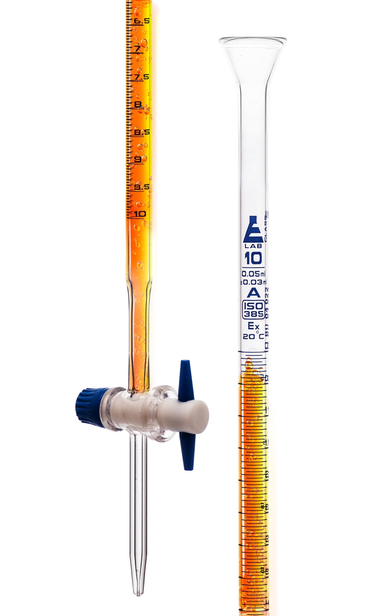 Burette with PTFE Key Stopcock, 10Ml - Class A - 0.05Ml Sub Div. Blue Graduations - ±0.03Ml Tolerance - Borosilicate Glass - Eisco Labs