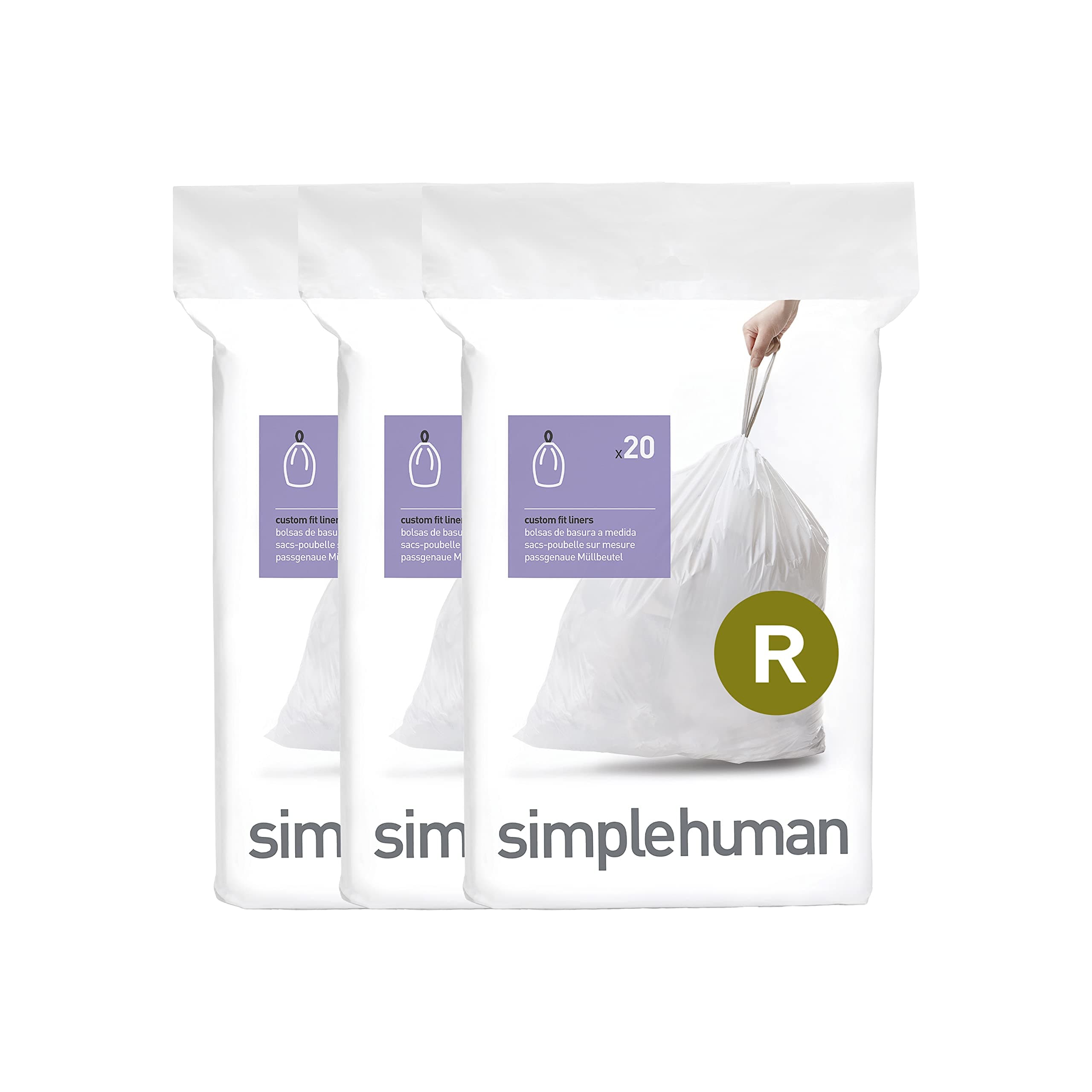 simplehuman CW0253 code R Custom Fit Bin Liner Bulk Pack, White Plastic (3 Pack of 20, Total 60 Liners)