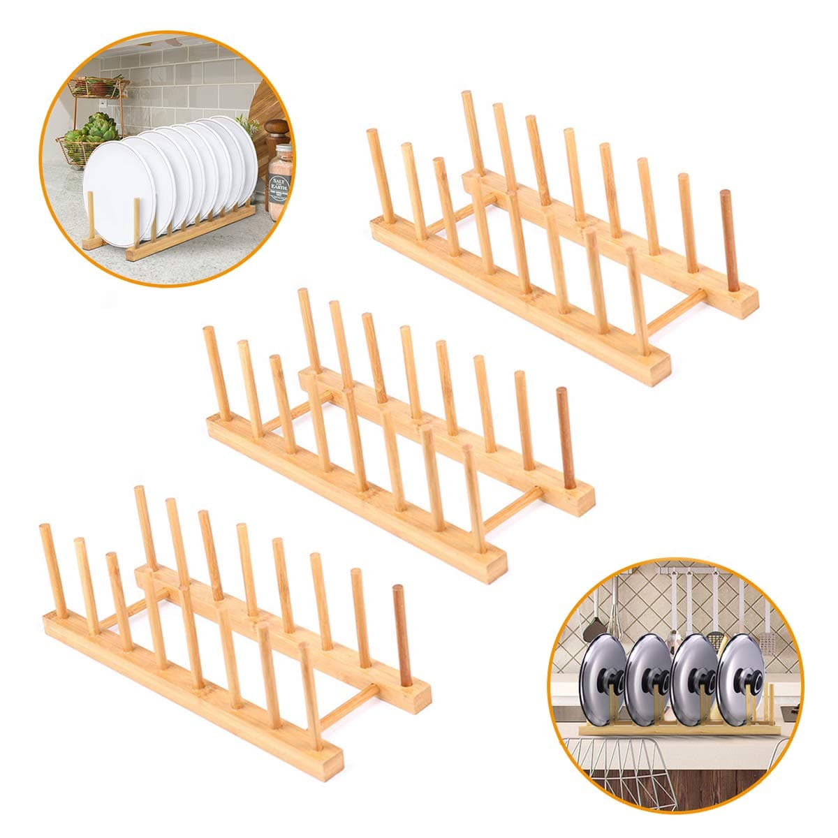 Bamboo Wood Dish Rack, 3 Pack Plate Rack Stand Pot Lid Holder, Bowl Cup Book Pot Lid Cutting Board Drying Rack Stand Drainer Storage Organizer Kitchen Cabinet