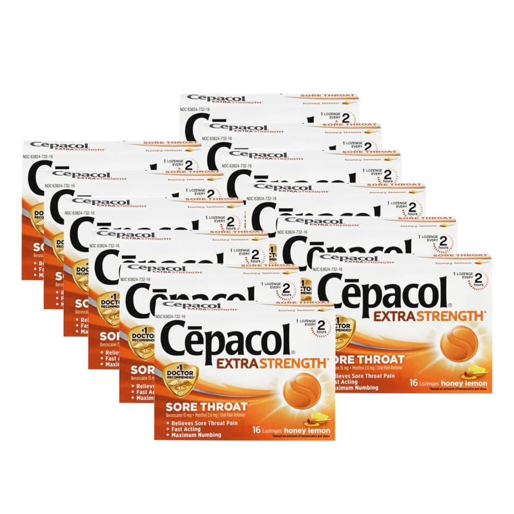 Cepacol Extra Strength Sore Throat & Cough Relief Lozenges, 16 Count, Honey Lemon Flavor, Maximum Numbing, Fast Acting Relieves Sore Throat Pain, and Quiets Cough (Pack of 12)
