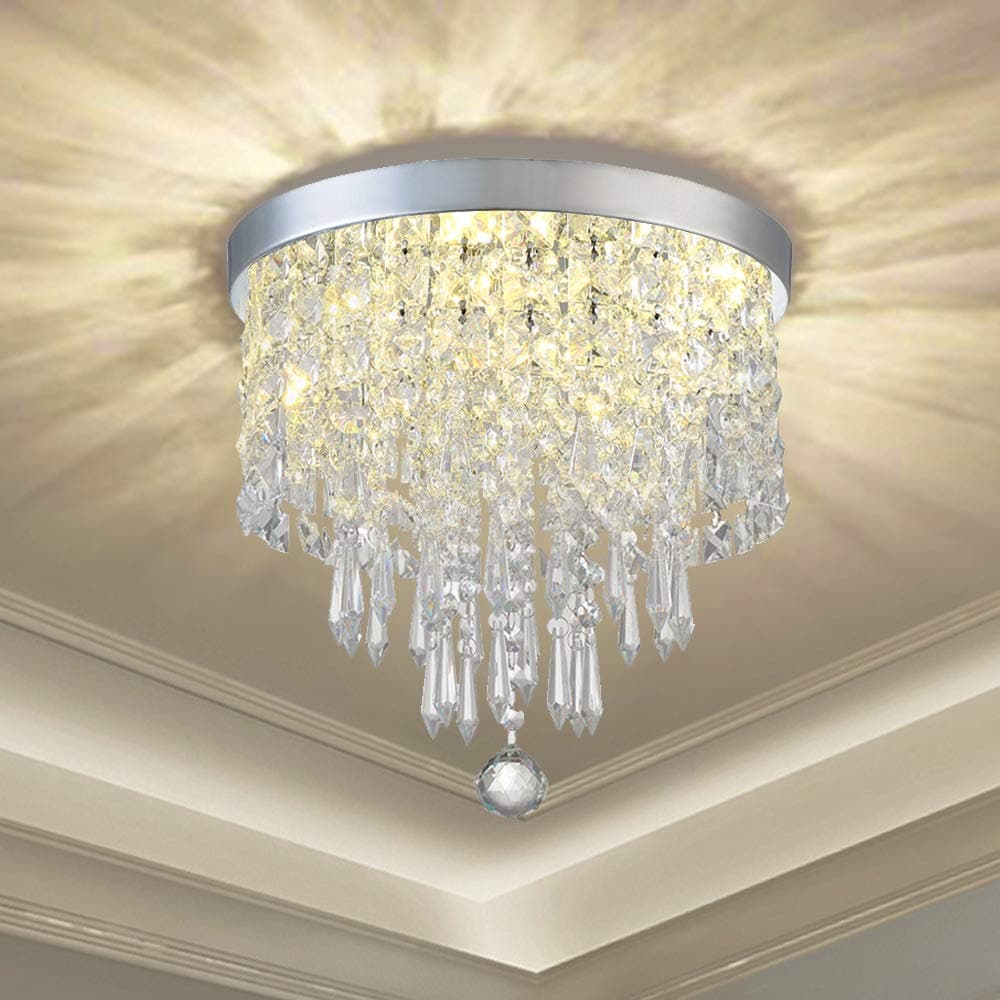 Modern Elegant Crystal Chandelier Lighting,K9 Ceiling Chandeliers Lights, φ250mm, Beaded Light Shade with Clear Acrylic Jewel Droplets,Flush Mount LED Ceiling Light for Dining Room Bedroom Livingroom