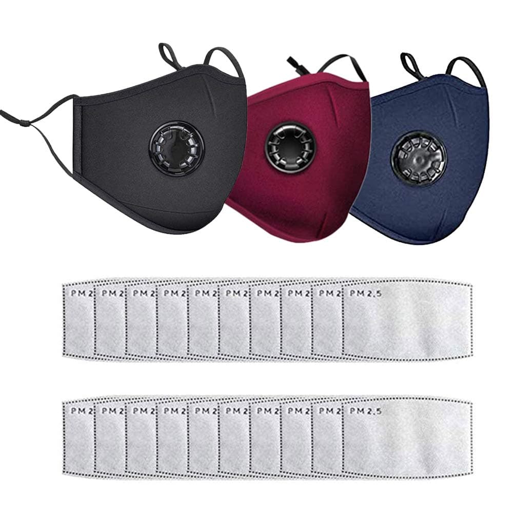 【Updated Version】3PCS Cotton Face Mask Washable and Reusable, Bandanas with Breathing valve With Activated 20 PCS Carbon Filter Replaceable Filters Adult -(BLACK, RED, BLUE)
