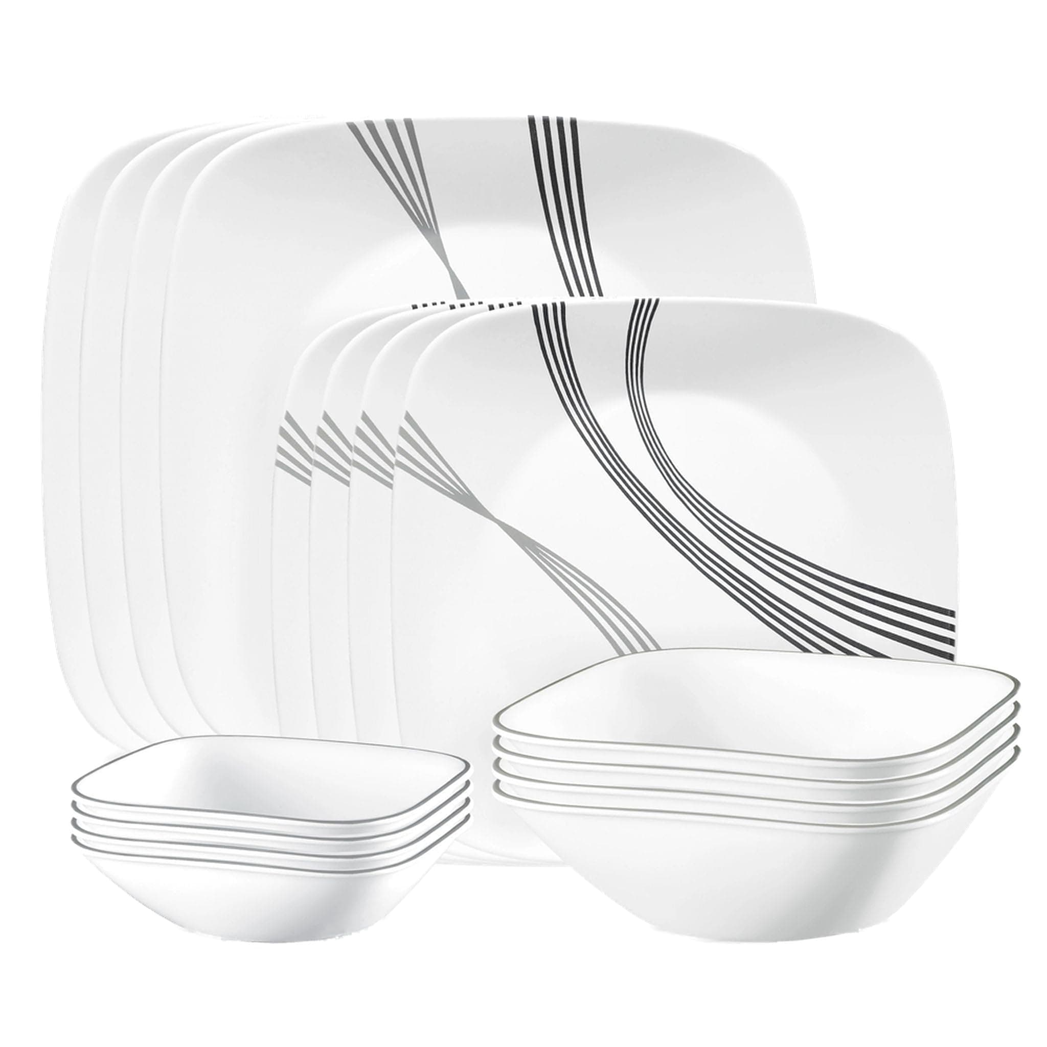 Urban Arc 16pc, Service for 4, Dinnerware Set, 8 Plates Bowls, Chip & Break Resistant, Dinner and Corelleware White
