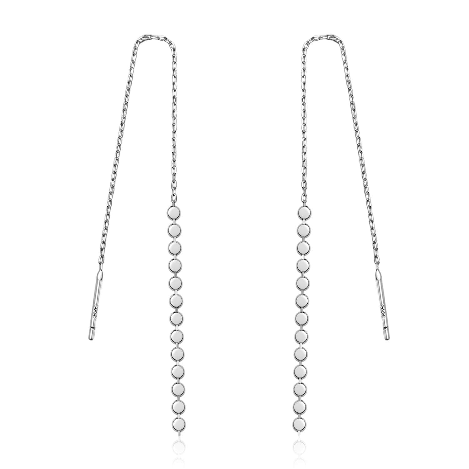 925 Sterling Silver Round Circle Long Chain Tassel Threader Drop Earrings, Silver Threader Earrings For Women