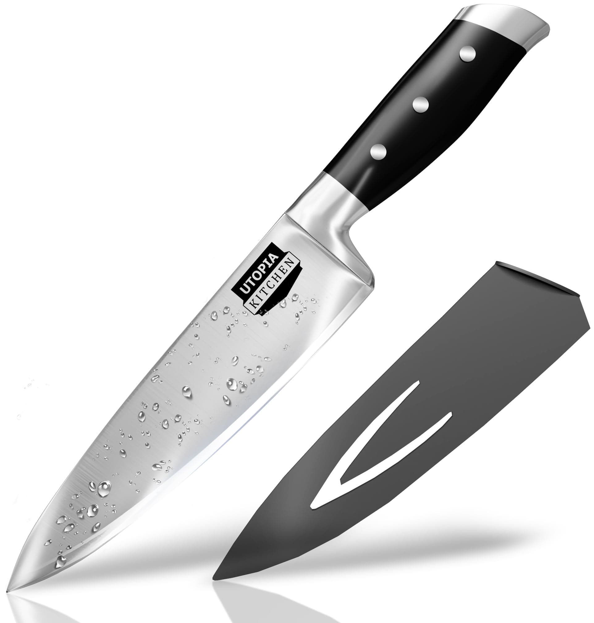 Utopia Kitchen 8 inch Chef Kitchen Knife Cooking Knife Carbon Stainless Steel with Sheath and Ergonomic Handle Chopping Meat for Professional Use Black