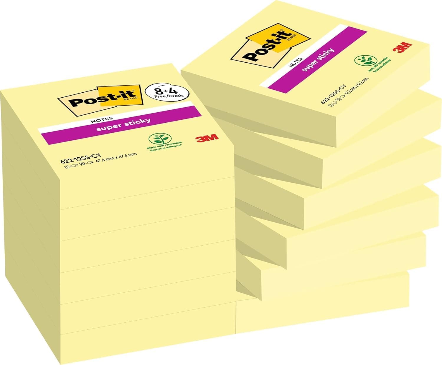 Super Sticky Notes, 1080 Sheets, 47.6 mm x 47.6 mm - Holds Strong to Many Surfaces - Canary Yellow - for Walls, Monitors and Fridge, Recycable