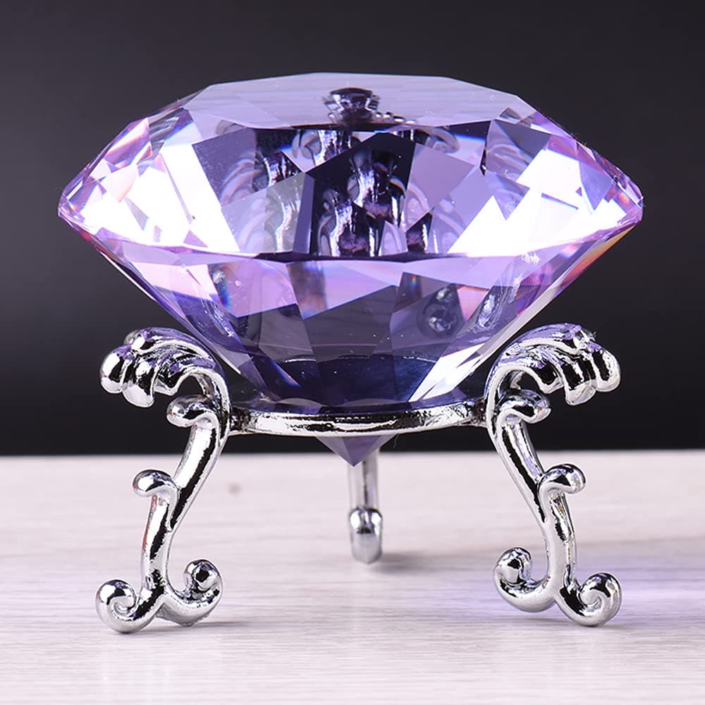 F-ber 60mm (2.36") K9 Crystal Faceted Cut Glass Giant Diamond Paperweight w/Silver Base Stand, Wedding Favor Home Decor Multi Colors (Purple)