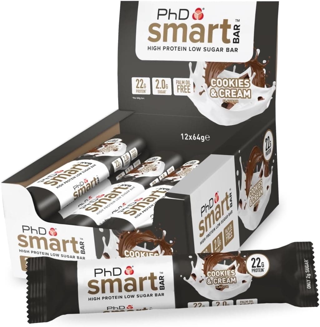 PhD Nutrition Smart Protein Bars - 22g Protein, Low Calorie Snacks, Great Tasting High Protein Snacks & Low Sugar Healthy Snacks for Workout Recovery, Cookies and Cream Flavour, 64g, 12 Pack