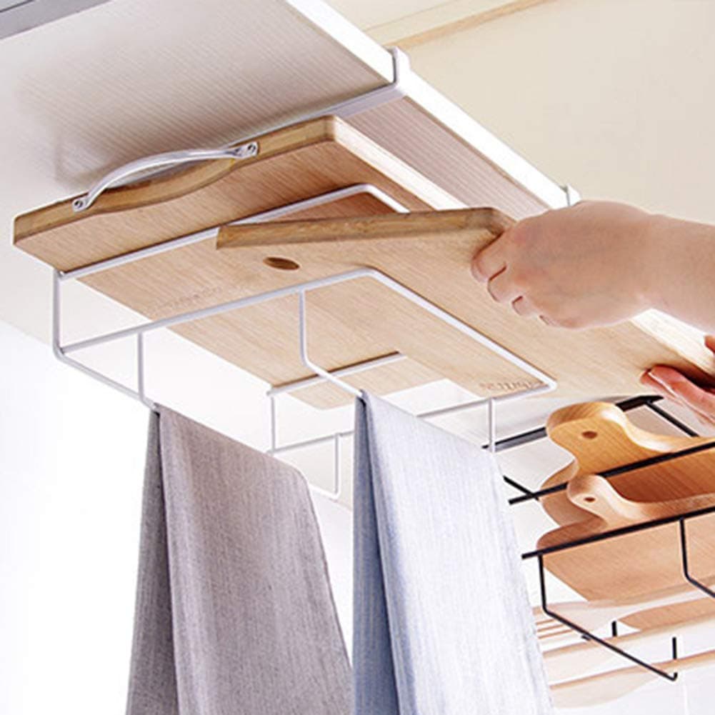 Baost Double Layer Kitchen Under Cabinet Iron Shelf Towel Rack Hanging Holder Over Cupboard Chopping Board Storage Rack Pot Lid Organizer Drain Rack for Bathroom Kitchen White