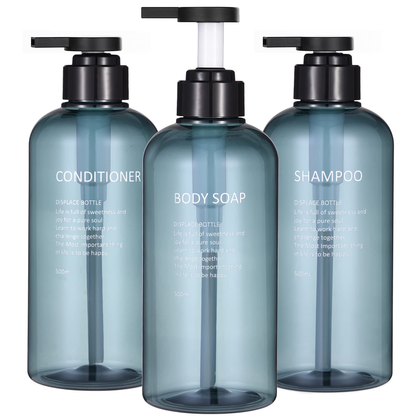 16.9 Oz Shampoo and Conditioner Dispenser with Black Plastic Pump, 3 Pack Shampoo Conditioner Body Wash Dispensers, Shower Soap Dispensers, Blue Plastic Refillable Shampoo and Conditioner Bottles