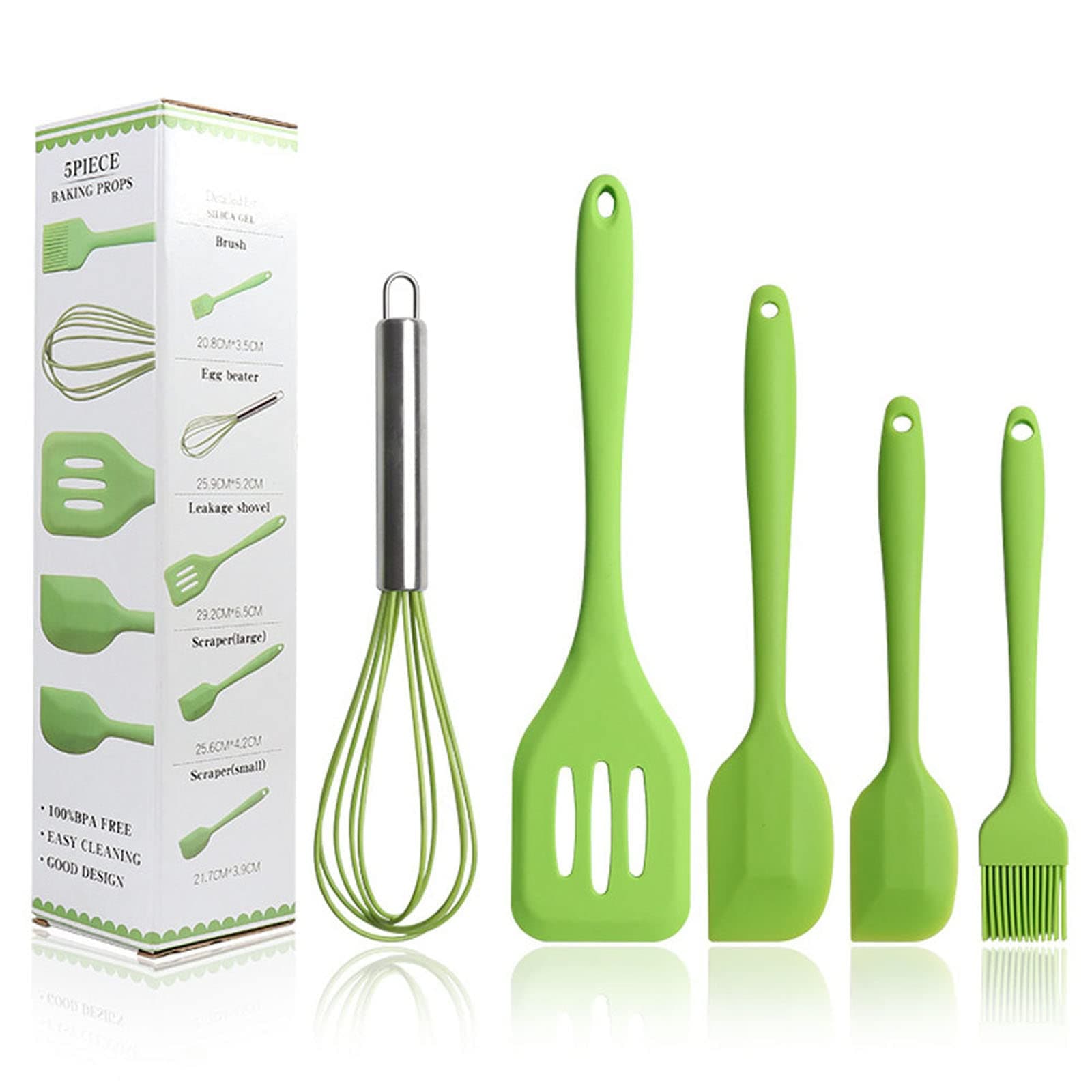 Kitchen Utensils Set, Green 5 Pieces Silicone Spatulas Set - Basting Brushes - Pastry Oil Brush - Egg Beater - Slotted Turner - Silicone Cooking Spatula Non-Stick