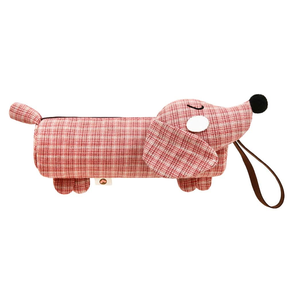Pencil Case Multifunctional Fabric Cartoon Pen Bag Grid Pattern Sausage Dog Shape Makeup Cosmetic Tools Bag Stationery School Office Supplies Red