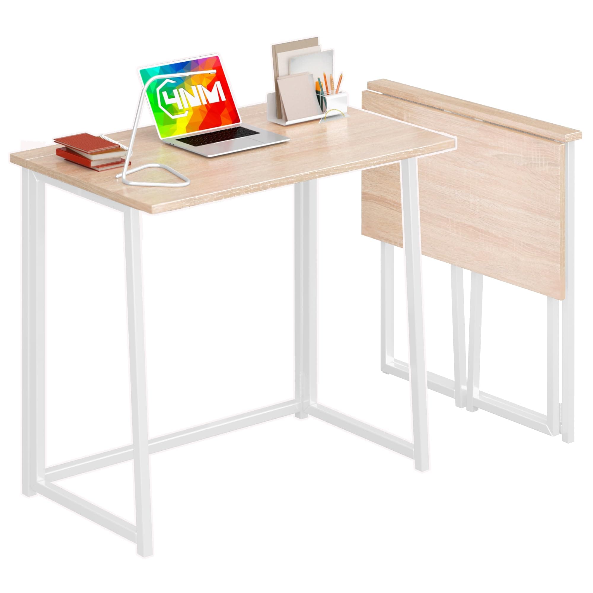 4NM 31.5" Small Folding Desk, Foldable Computer Home Office Desk, Study Writing Table for Small Space Saving Bedroom, Easy Assembly - Natural and White