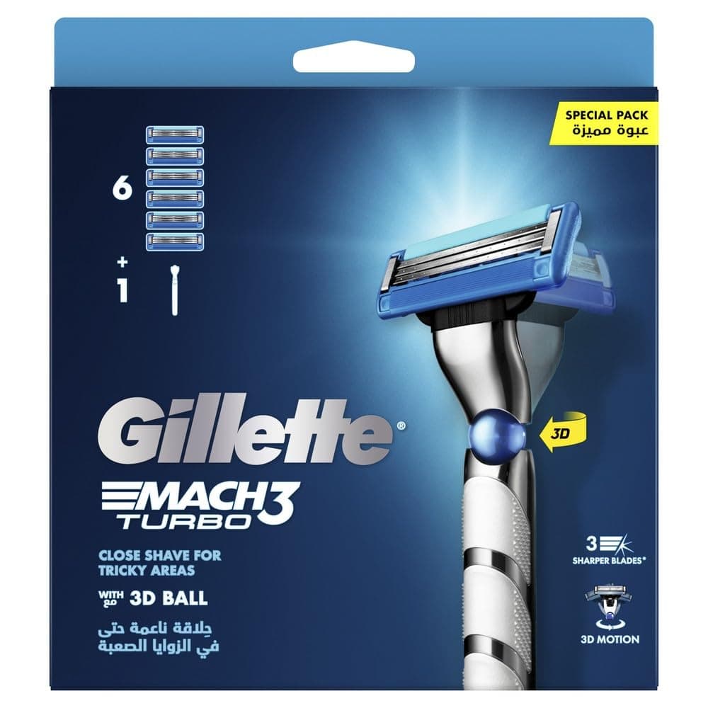 Gillette Mach3 Turbo Men's Refillable Razor: Handle + 6 Blade Refills