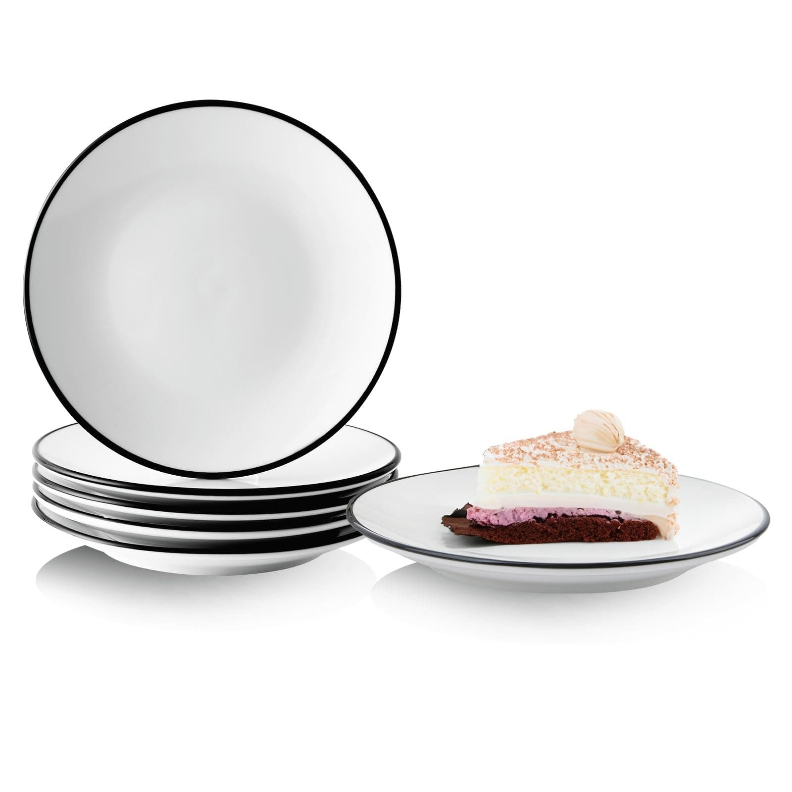 YOLIFE 6 inch Small Ceramic Plates, Appetizer Plates Set of 6, Dessert Plate for Cake Pie Snack with Black Trim