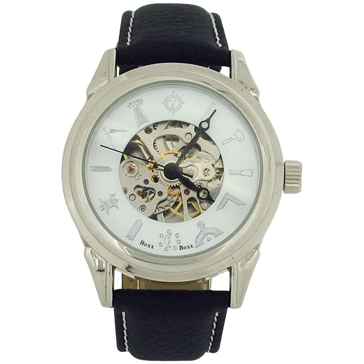Boxx Gents Masonic Skeleton See Through Mechanical Black PU Strap Watch Boxx306