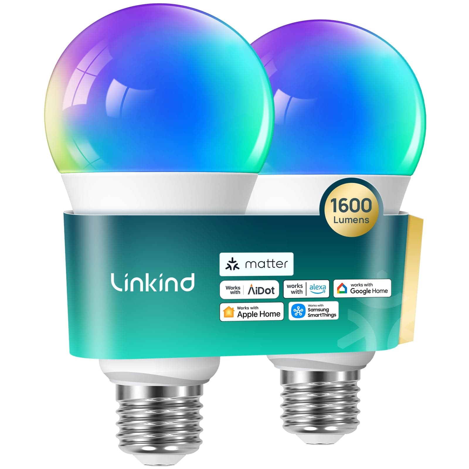 Matter Smart Light Bulb,1600LM 100W Smart Bulbs Work with Alexa/Apple Home/Google Home/SmartThings, RGBTW LED Color Changing Bulbs Music Sync, 2.4GHz Wi-Fi Light Bulbs LED 11W, A21 E26, 2Pack