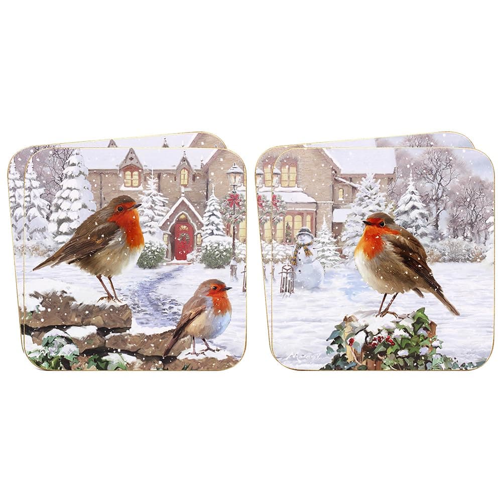 Set of 4 Coasters - Christmas Robin Design