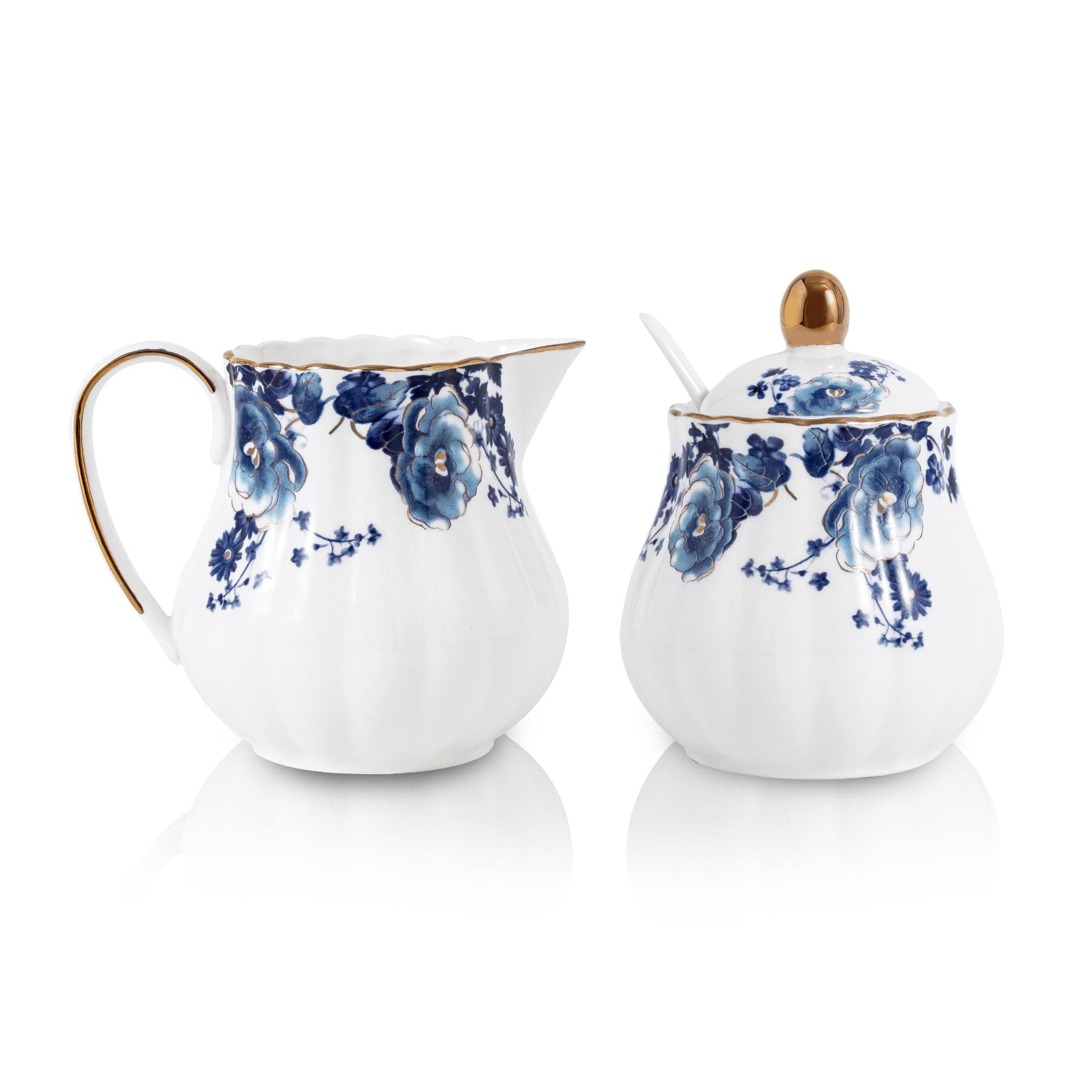 Agyiuns Ceramic Sugar and Creamer Set, 3 Piece with Cream Pitcher, Sugar Bowl with Lid and Spoon,Coffee and Tea Serving Set (White with blue flower)