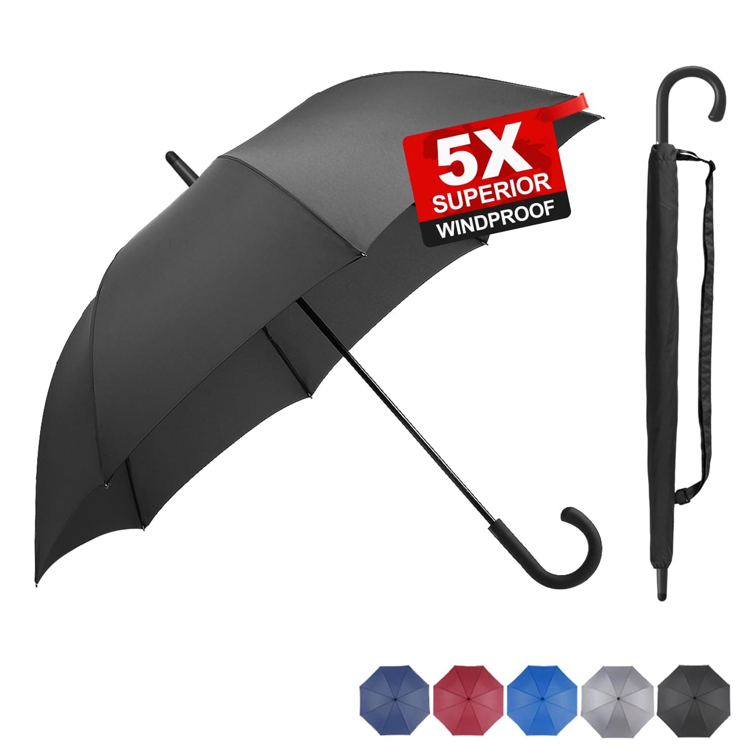 RUMBRELLA Black Hook Handle Umbrella Windproof UPF 50+, j Stick UV Umbrellas Auto Open 54IN