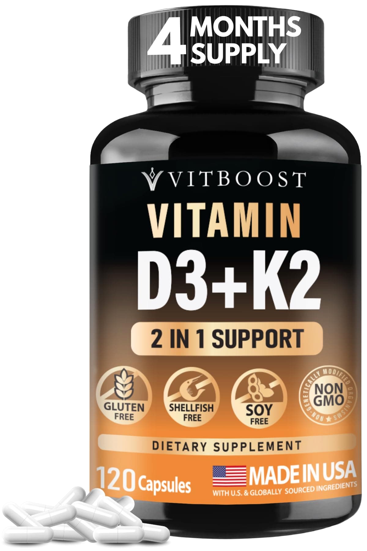 VITBOOST Vitamin D3 K2 Complex - Easy to Swallow - Vitamin D (D3) 5000 IU (125 mcg) & K2(MK-7) 90 mcg | Non-GMO | Gluten-Free | USA Made | 120 Capsules