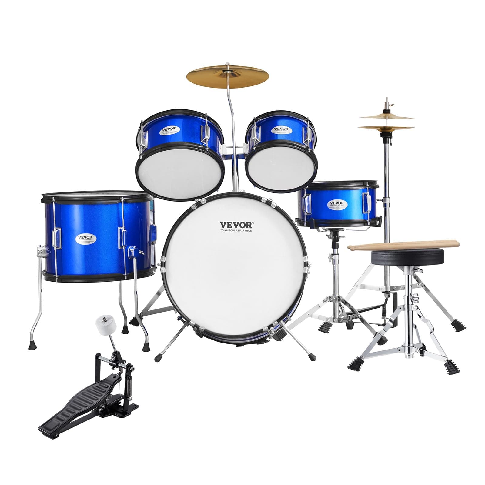 VEVOR Kids Drum Set, 5-Piece, 16 Inch Beginner, Full Drum Set with Base, Toms, Swirl Floor Drum, Adjustable Throne, Cymbal Hi-Hat Pedal and Two Pairs of Drumsticks, Starter Drum Kit for Kids Kids,