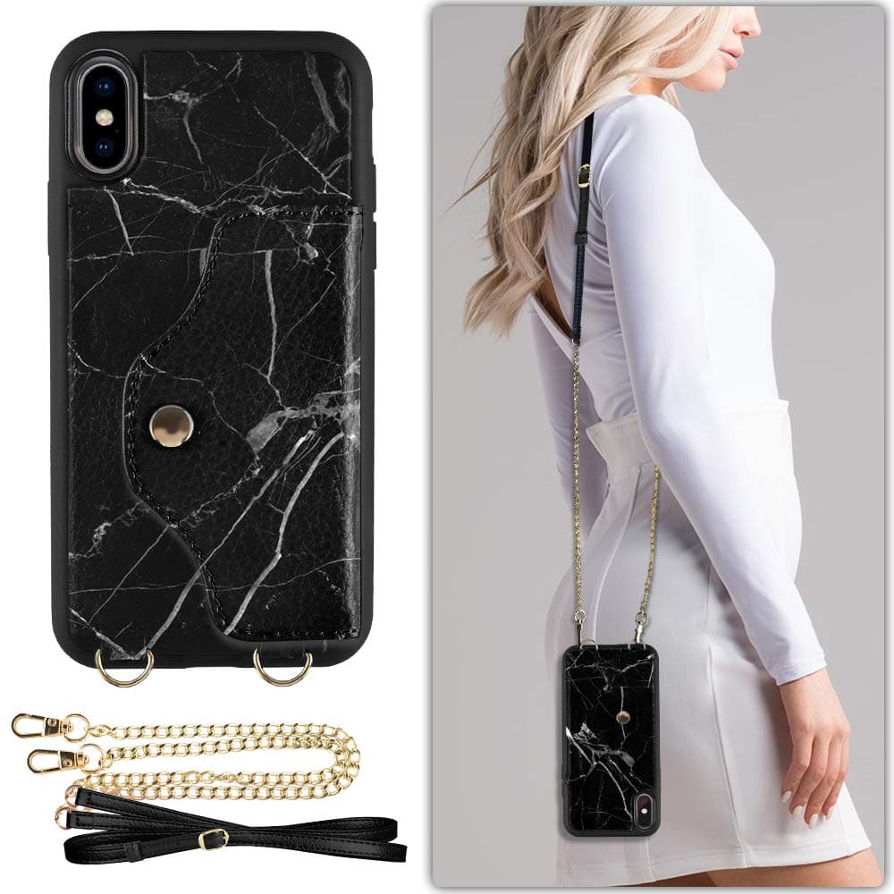 LAMEEKU iPhone Xs Max Wallet Case, iPhone Xs Max Case with Credit Card Holder, Protective Leather Cover Case with Crossbody Chain Strap Wristlet for Apple iPhone Xs Max 6.5 inch- Marble Black