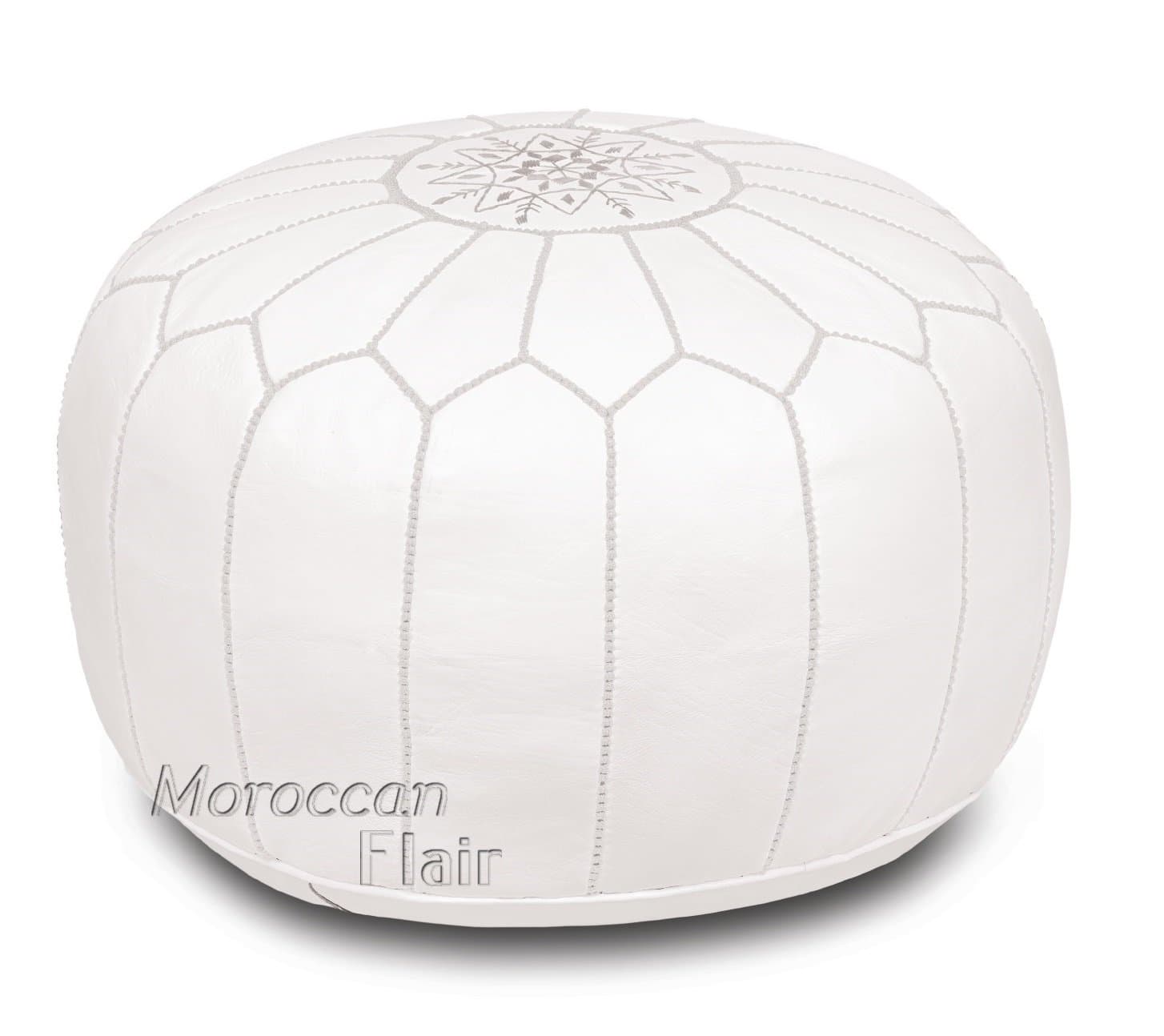 Stuffed Handmade Genuine Leather Moroccan Pouf, Ottoman (White)