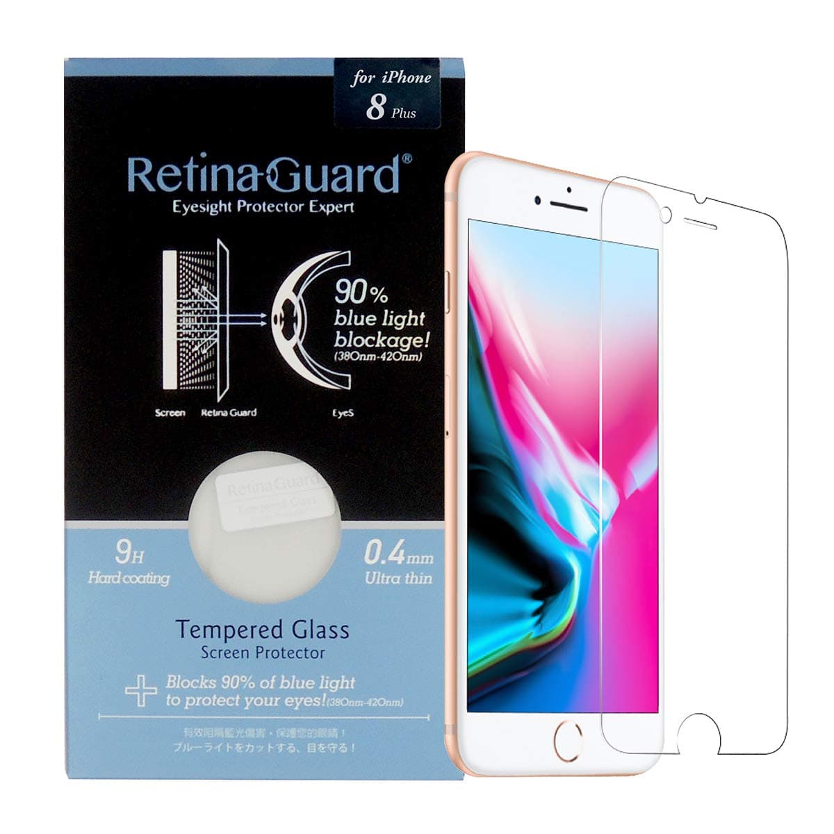 RetinaGuard Anti-blue Light Tempered Glass Screen protector for iPhone 8 Plus - SGS & Intertek Tested - Blocks Excessive Harmful Blue Light, Reduce Eye Fatigue and Eye Strain