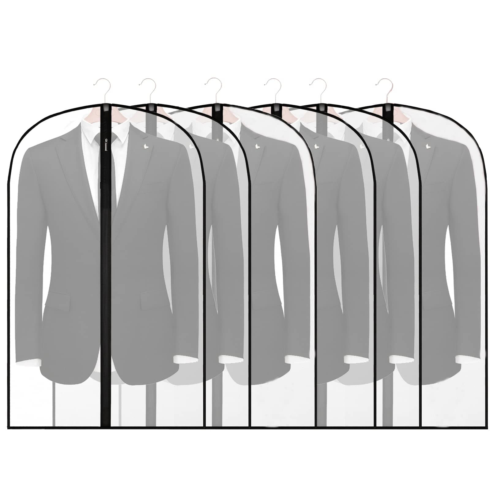 6Pack Breathable Clothes Covers with Zip, 60 x 100 Hanging Garment Covers Bags, Moth-Proof Storage Bag for Men Suit, Dress Bag Covers, Dust Cover for Wardrobe Storage and Travel, Clear