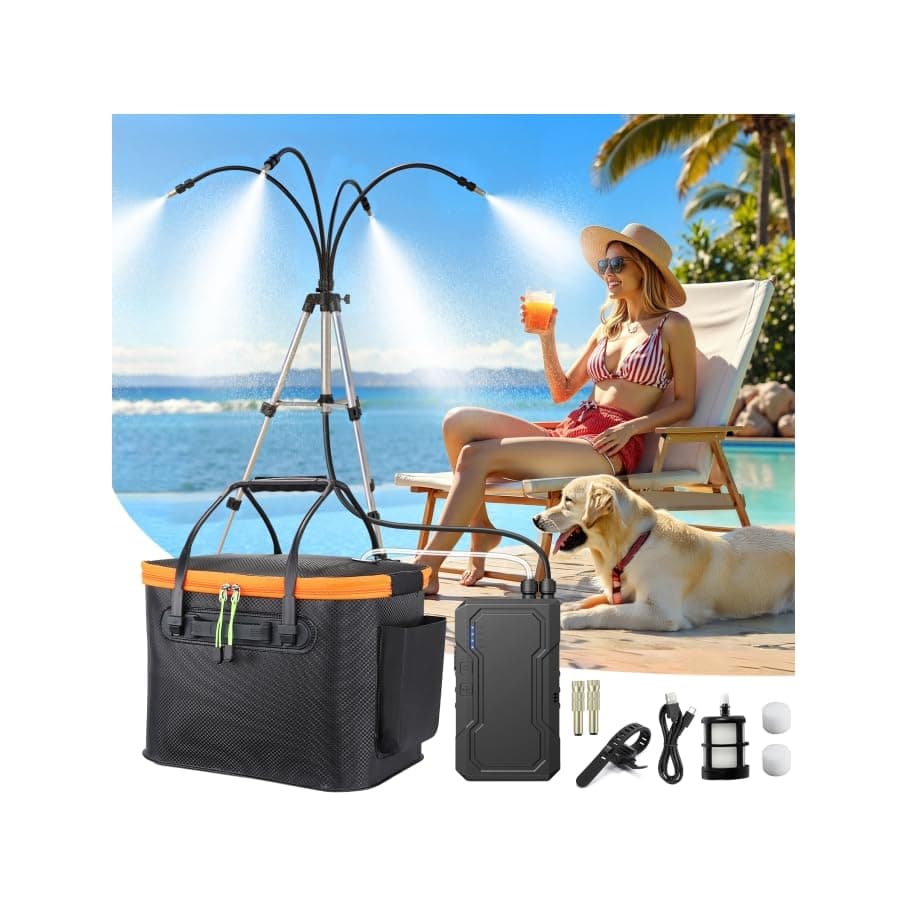 Portable Misting System with Standing, 6000mAh Water Cooling Misters Set for Outside Patio - 20L Bucket, 4.9FT(59IN) Adjustable Height for Outdoor, Beach, Pool, Water Playing, Sprinkler, Camping