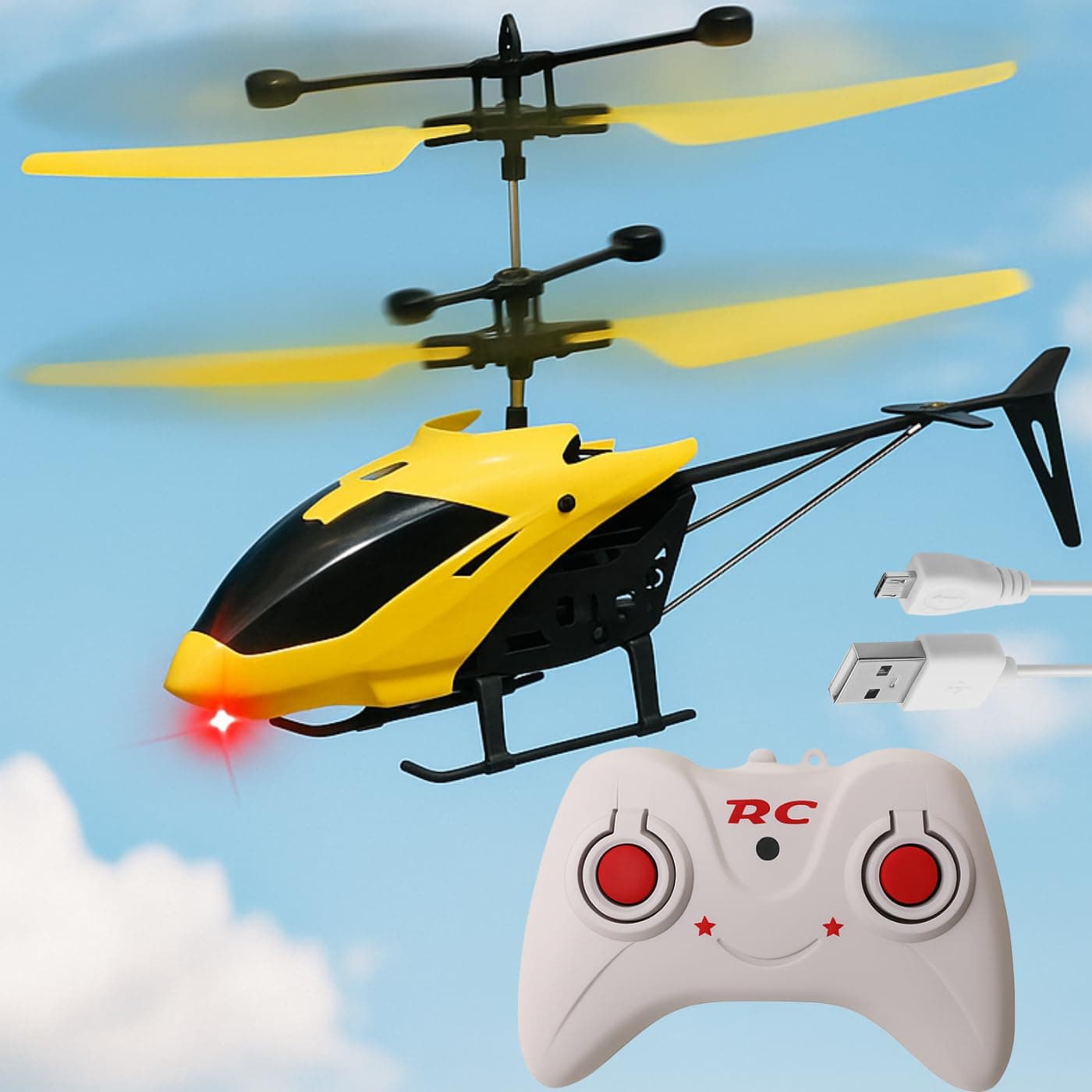Flying Helicopter with Radio Remote Control and Hand Sensor Charging Helicopter 2 in 1 Toys with 3D Light Toys I Remote Control Helicopter - Pack of 1 (Yellow Colour)