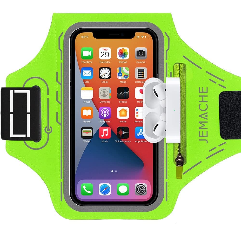 iPhone 16 15 Pro Max/Plus Armband, JEMACHE Gym Workouts Running Phone Arm Band for iPhone 16 15 14 13 12 11 Pro Max & Plus with Airpods Holder (Green)