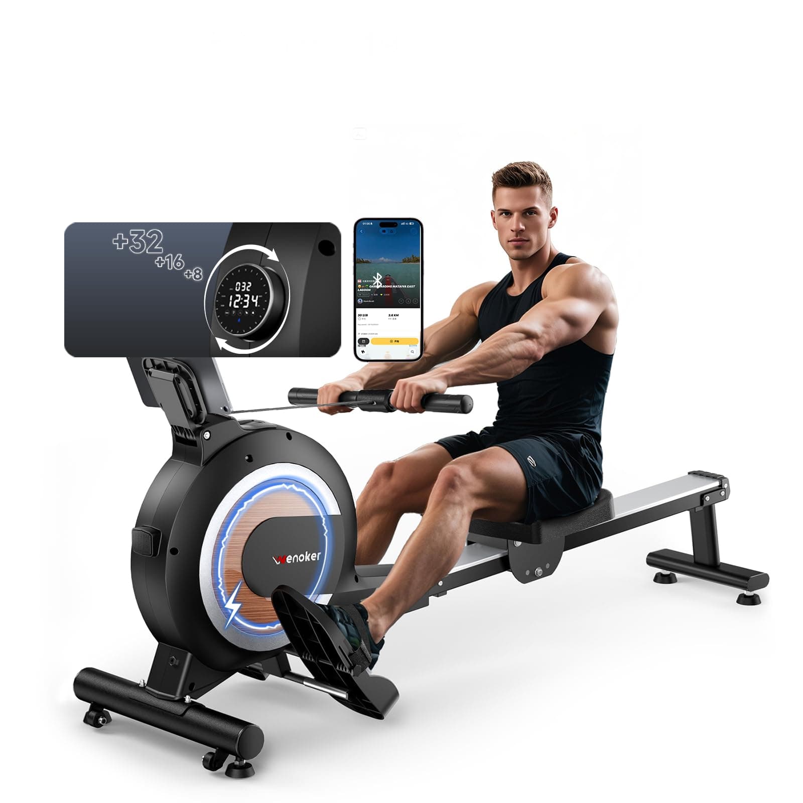 Rowing Machine,Wenoker Magnetic Rower Machine for Home,App Supported 350 LB Weight Capacity, Smooth Whisper Quiet with LCD Monitor Tablet Holder & Comfortable Seat Cushion, Compact and Saves Space