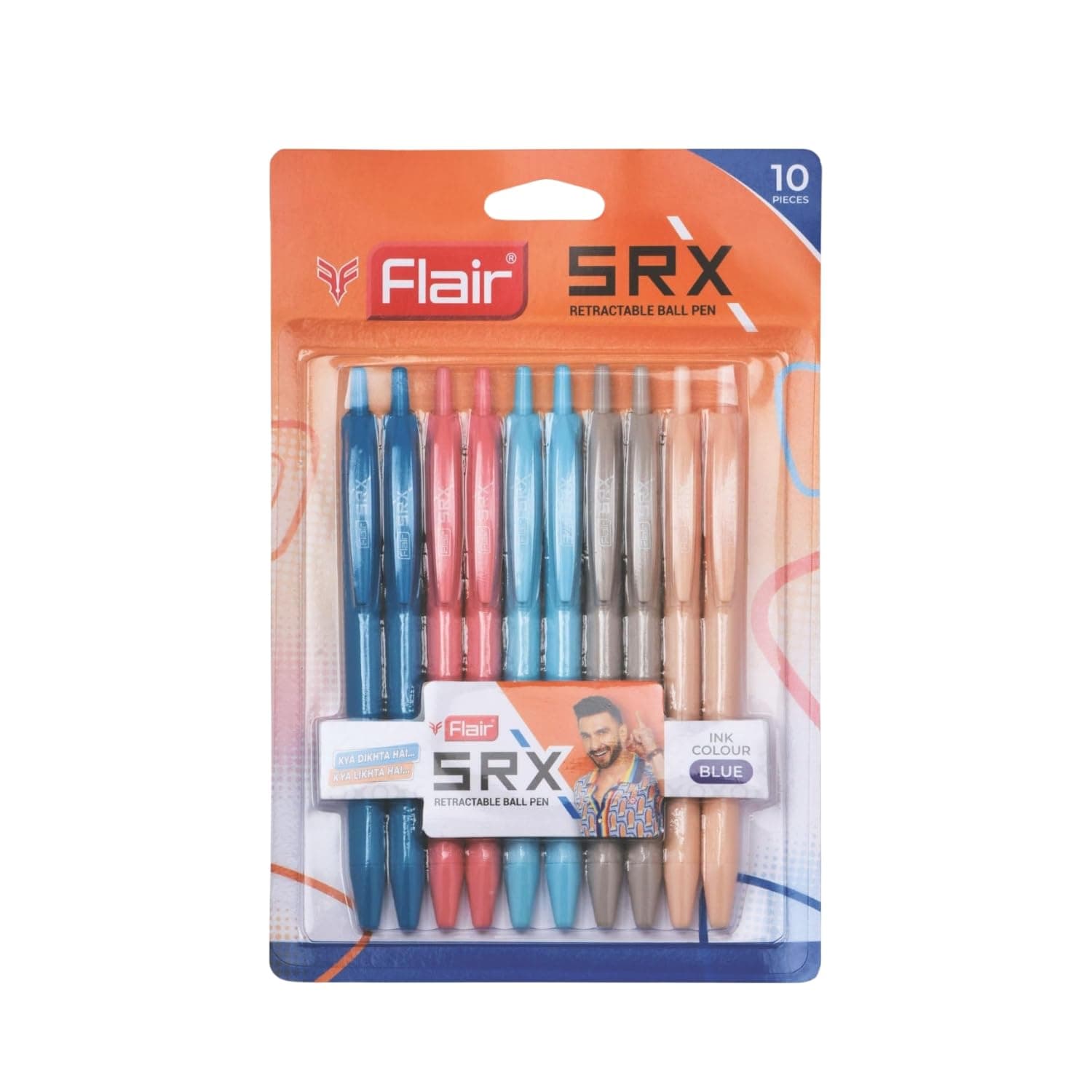 FLAIR SRX Ball Pen Box Pack | 0.7 mm Tip Size | Retractable Mechanism With Triangular Grip For Better Hold | Smooth Writing Experience | 5 Unique Body Colors | Blue Ink, Set Of 10 Pens