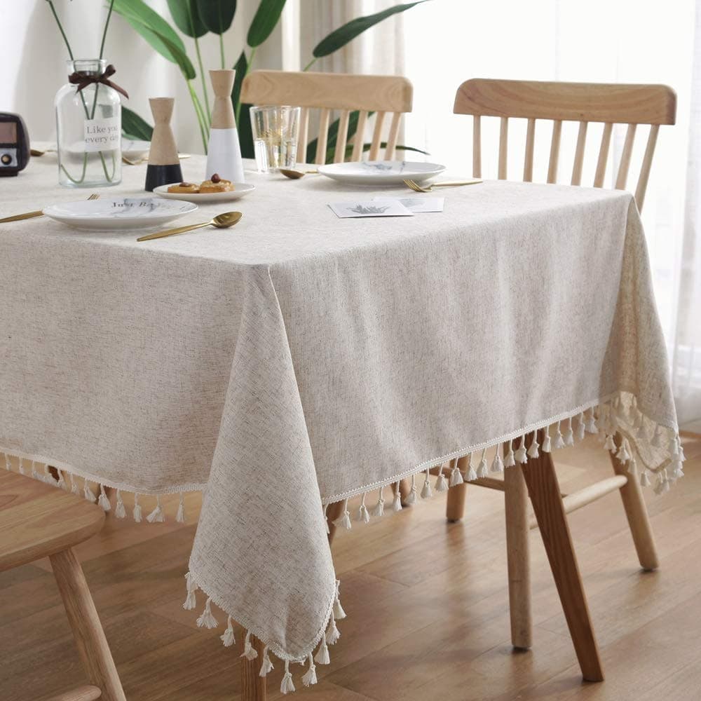Cotton Linen TableCloth Solid Color Tassel Rectangle Beige Tablecloth Dust-Proof Shrink-Proof Table Cover for Kitchen Dinning Tabletop Decoration (Beige, 140x180 cm)