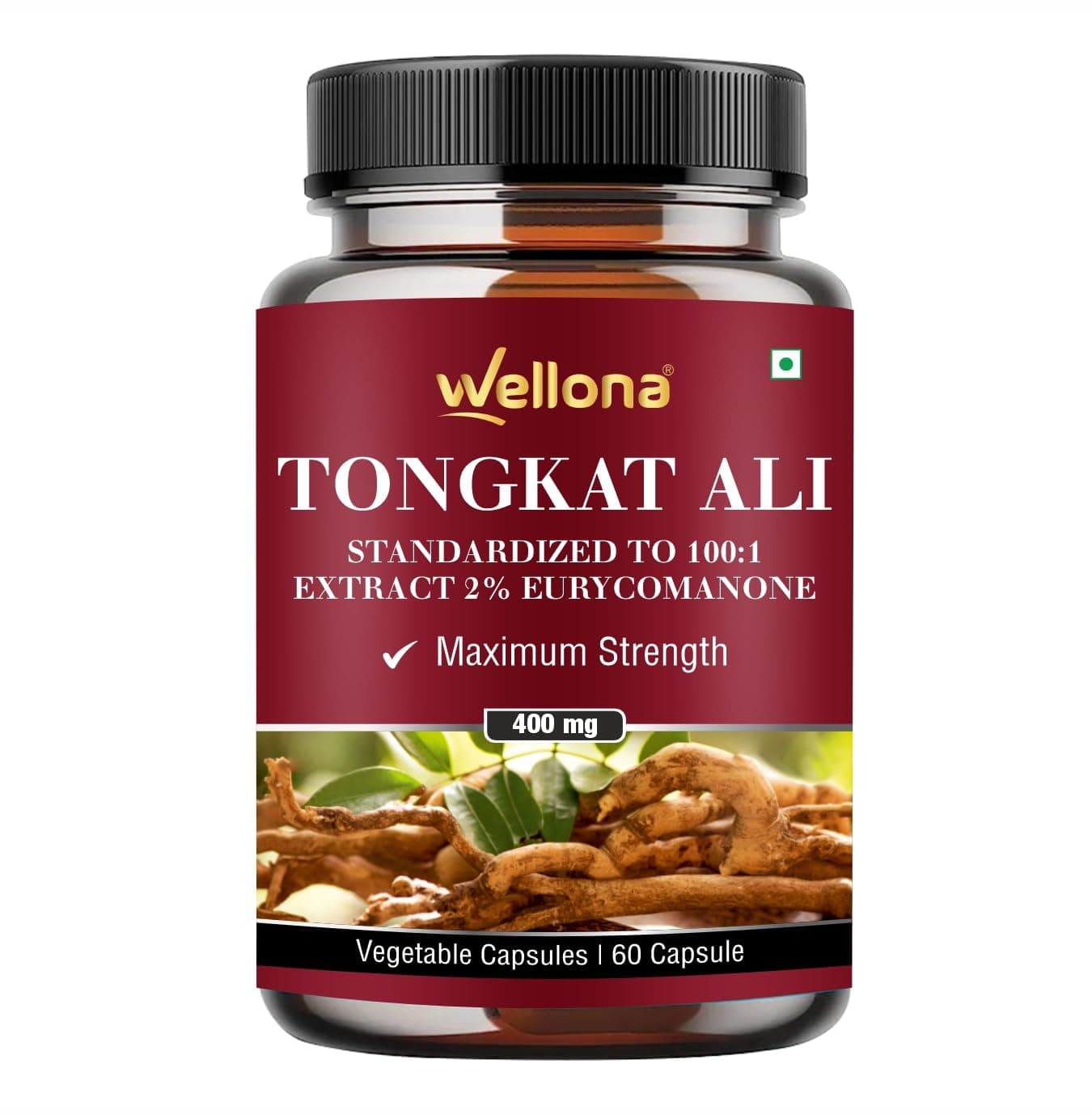 Wellona Tongkat Ali Supplement Root Extract 400mg Capsules, 2% Eurycomanone Herbal Supplement for Men | Standardized to 100:1 | Maximum Strength (60 Veg Capsules) (Pack of 1)