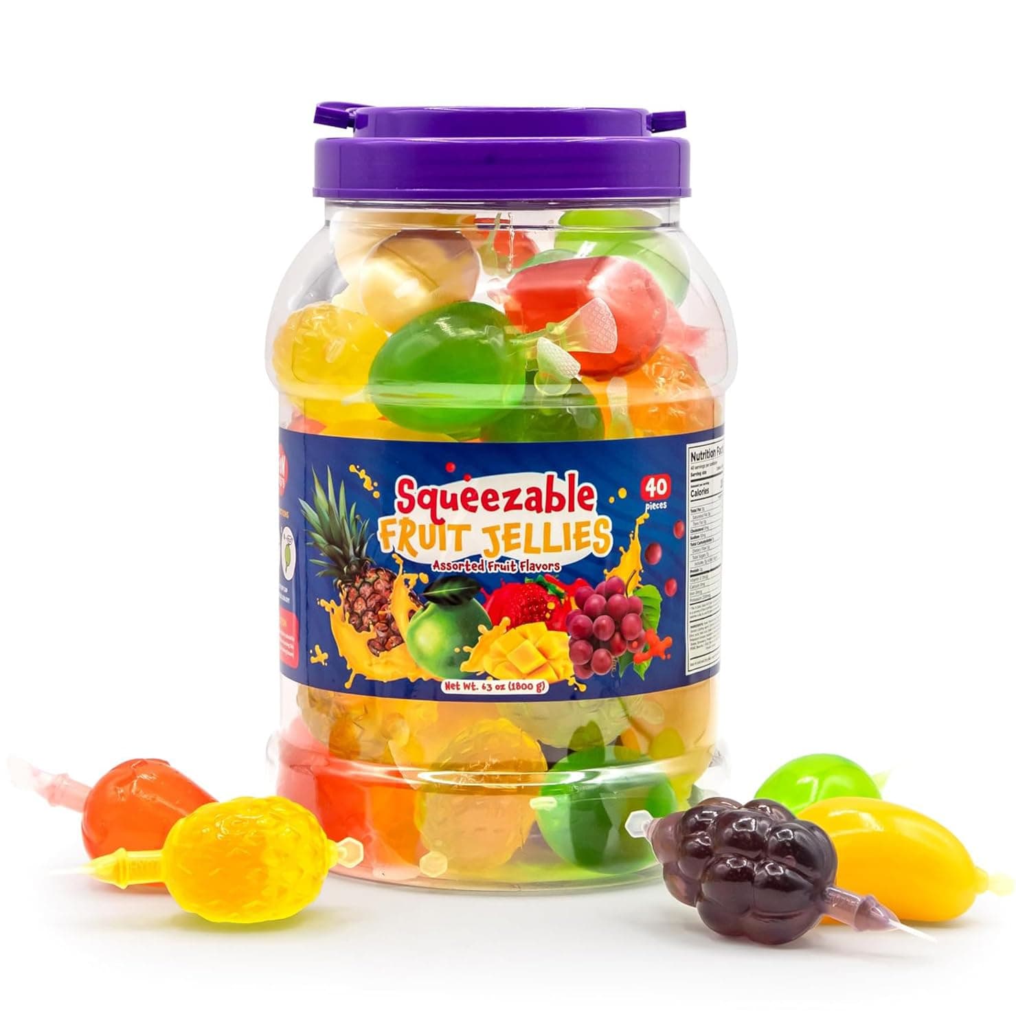 Fruit Squeezable Jellies - 40 Count Jar - Tik Tok Candy - Fun Jelly Treat in Assorted Fruit Flavors - Easter Candy - Mango, Strawberry, Apple, Pineapple & Grape - Gelatin Free